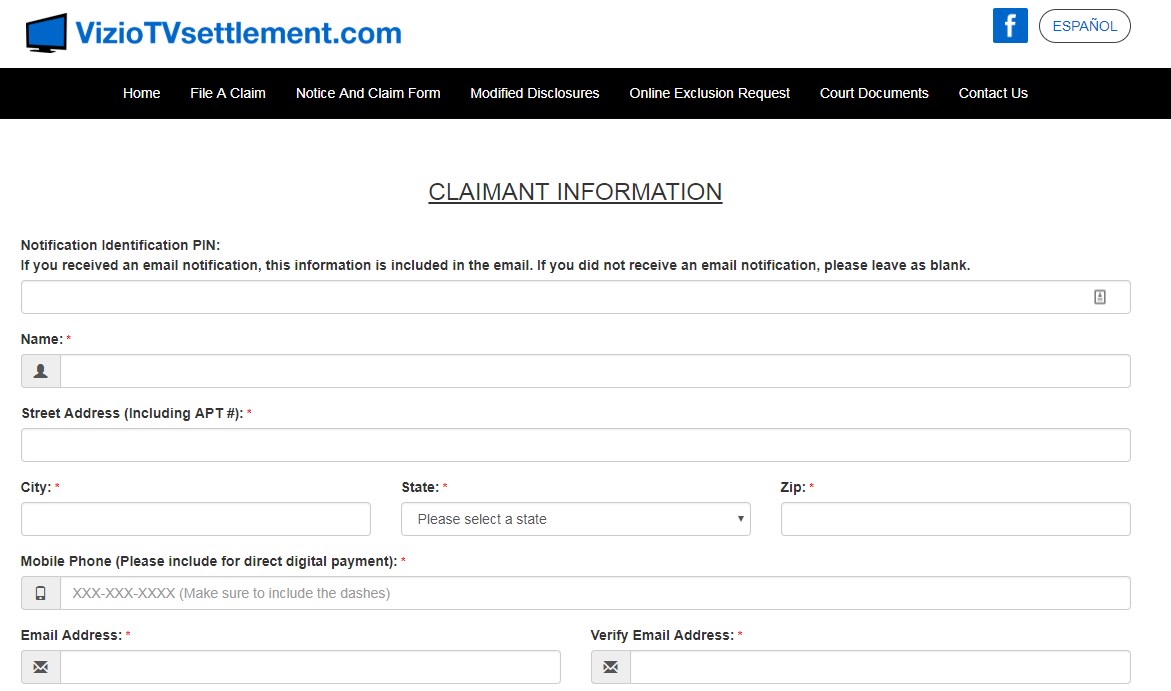 top of the Vizio smart TV lawsuit claim form